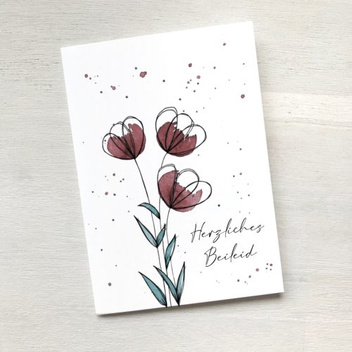Beileidskarte mit roten Blumen, Trauerkarte
