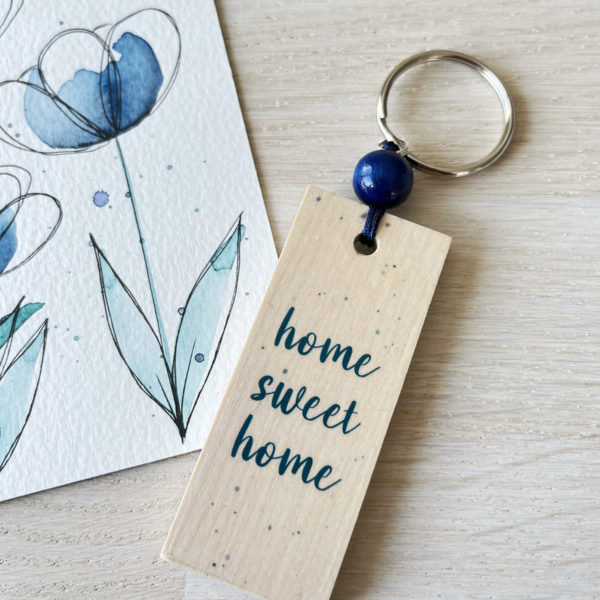 Schlüsselanhänger lang blaue blume home sweet home