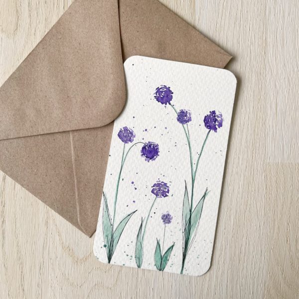 Unikat, Postkarte, violett, Blumen, handgemalt